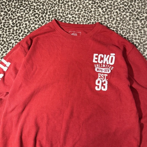 Ecko Unltd Mens XL Thermal Shirt Red Waffle Knit Long Sleeve Graphic - Picture 2 of 9
